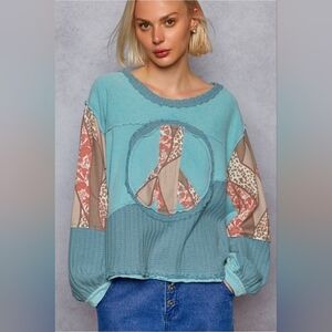 NEW!!! POL Women's Blue Patchwork Peace Sign Top,Sz Medium & Large, NWT